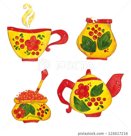 A set of bright dishes in Khokhloma painting for the Maslenitsa holiday. Watercolor illustration hand drawn in, cartoon. Maslenitsa, bright, cartoon, caviar, teapot, cup, mug, dishes 128817216