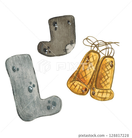 Traditional Slavic shoes, felt boots, bast shoes. Watercolor illustration hand drawn, cartoon. Drawing for stickers, print, poster. Maslenitsa holiday, Shrovetide, carnival, Maslenitsa Traditional Slavic shoes, felt boots, bast shoes. Watercolor illustration hand drawn, cartoon. Drawing for stickers, print, poster. Maslenitsa holiday, Shrovetide, carnival, Maslenitsa 128817228