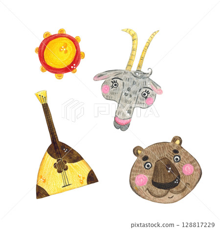 A set of bright masks for Maslenitsa, for carnival. Watercolor illustration, hand drawn, childish. Drawing for textiles, paper, cards. carnival, fun, mask, animals, balalaika, tambourine, cartoon 128817229
