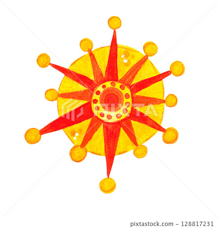 Sun, bright, cartoon, decoration. Watercolor illustration hand drawn. Drawing for postcards, stickers, print. Children, holiday, Maslenitsa, decor, party, summer, fairy tale 128817231