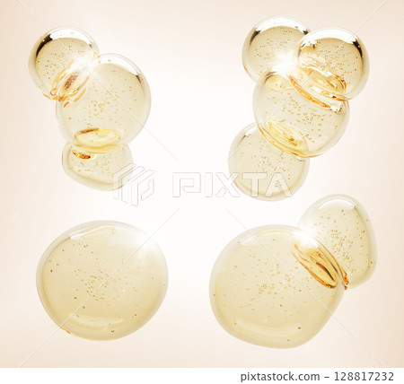 Gold serum or yellow argan oil render droplet set. Isolated 3d honey drop, collagen gel, retinol vitamin. Liquid transparent stain with bubble top view. Keratin cosmetic fluid puddle. 3D illustration 128817232