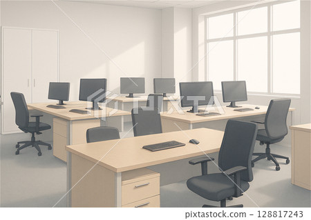 A modern office with bright sunlight, a simple workplace with computers neatly lined up, a clean and unmanned work space A modern office with bright sunlight, a simple workplace with computers neatly lined up, a clean and unmanned work space 128817243