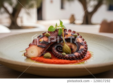 Gourmet grilled octopus with tomato sauce and capers on a plate at an outdoor restaurant 128817292