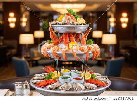 Luxurious seafood tower with lobster shrimp and oysters on ice in an elegant restaurant setting 128817301