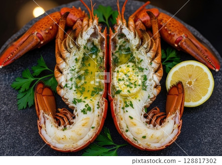 Grilled lobster with butter parsley sauce and lemon for a gourmet seafood dinner experience 128817302