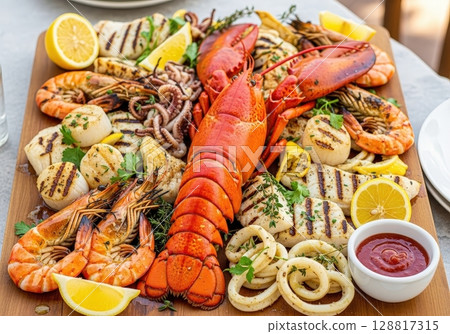Grilled seafood platter with lobster, shrimp, scallops, and calamari served with lemon 128817315