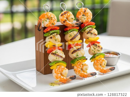 Grilled shrimp and scallop skewers with vegetables on a plate for an outdoor summer barbecue 128817322
