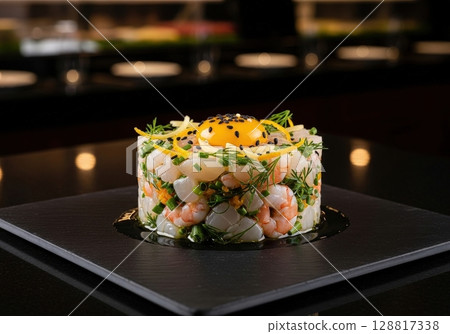 Gourmet seafood tartare with shrimp, scallop and egg yolk on a slate plate in a restaurant Gourmet seafood tartare with shrimp, scallop and egg yolk on a slate plate in a restaurant 128817338