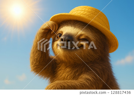 一隻清爽的樹懶仰望耀眼的夏日天空的插圖 128817436