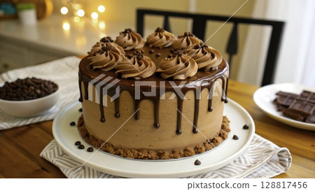 Decadent chocolate cake adorned with creamy frosting sits on a wooden table decorated for a festive gathering 128817456