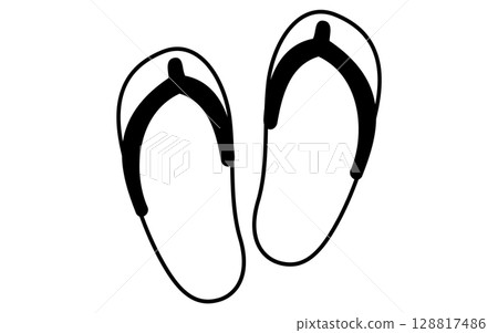 Simple line drawing illustration of beach sandals, summer illustration, black and white Simple line drawing illustration of beach sandals, summer illustration, black and white 128817486