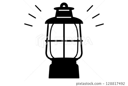 Simple line drawing illustration of a camping lantern, summer illustration, black and white 128817492