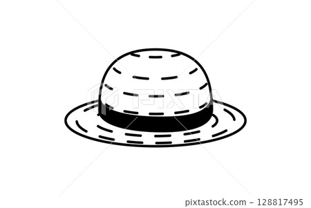 Simple line drawing illustration of a straw hat, summer illustration, black and white 128817495
