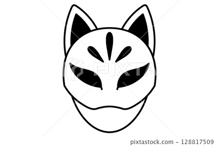 Simple line drawing illustration of a child wearing a fox mask, summer illustration, black and white 128817509