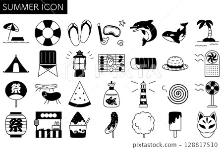 Simple line drawing illustration of a summer icon set (sea, camping, summer festival, etc.), summer illustration, black and white 128817510