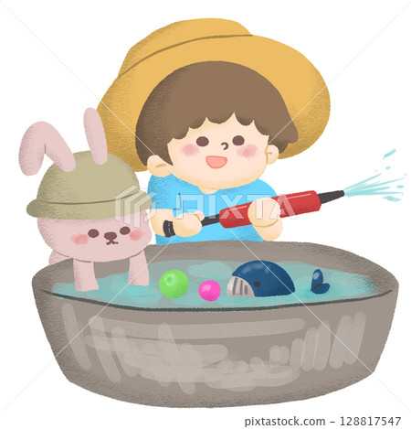 Illustration of a child and a rabbit playing with a water gun in a basin 128817547