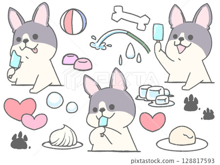 一組法國鬥牛犬圖標,上面有夏季小吃和冰淇淋(雜色) 一組法國鬥牛犬圖標,上面有夏季小吃和冰淇淋(雜色) 128817593