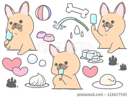 Set of French bulldog icons holding summer snacks and ice cream (brown) Set of French bulldog icons holding summer snacks and ice cream (brown) 128817595
