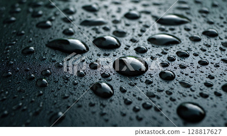 Vertical lines and water droplets on a dark gray wet textured surface 128817627