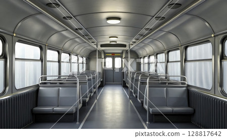 Empty interior of a public bus with gray seating and large windows during the day 128817642