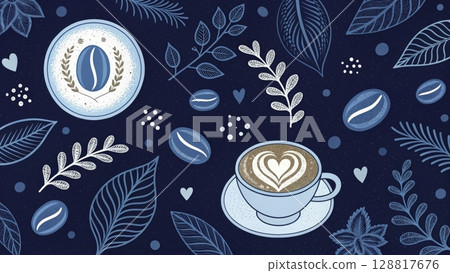 Decorative coffee design featuring a cup with heart latte art and coffee beans on a blue background 128817676