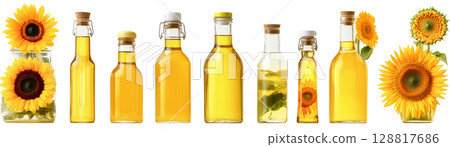Sunflower oil bottles with flowers, created with AI, PNG 128817686