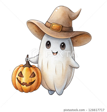 spooky ghost halloween wearing a cowboy hat 128817717