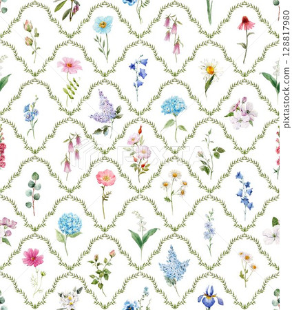 Watercolor floral lattice pattern with wildflowers seamless vintage style design with delicate flowers inside leafy diamond grid. Perfect for fabric, wallpaper, and botanical decor 128817980