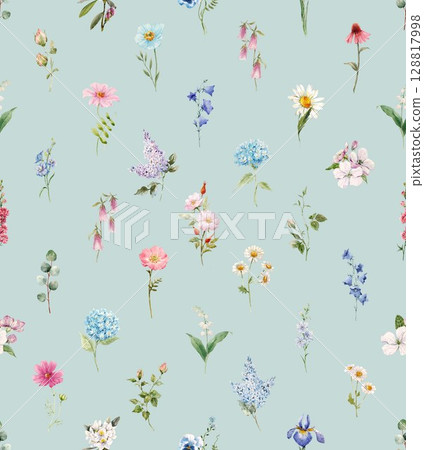 Watercolor wildflower seamless pattern hand-painted botanical elements scattered on white. Perfect for fabric, wallpaper, and vintage floral projects. 128817998