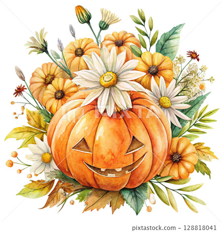 Watercolor illustration of a smiling jack-o-lantern pumpkin surrounded flower 128818041