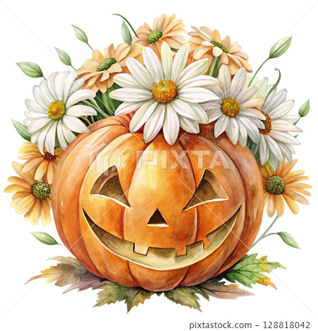 Watercolor illustration of a smiling jack-o-lantern pumpkin surrounded flower 128818042