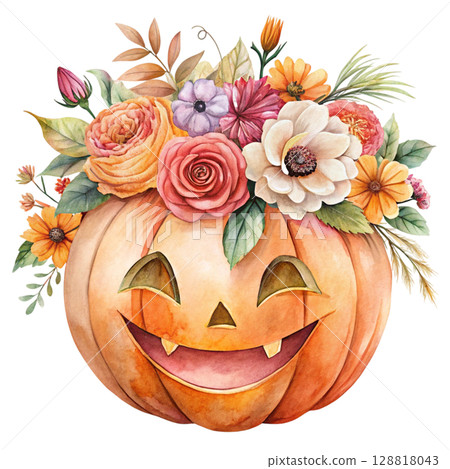 Watercolor illustration of a smiling jack-o-lantern pumpkin surrounded flower 128818043