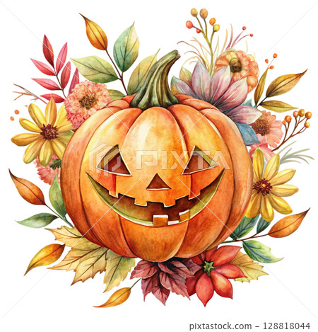Watercolor illustration of a smiling jack-o-lantern pumpkin surrounded flower 128818044