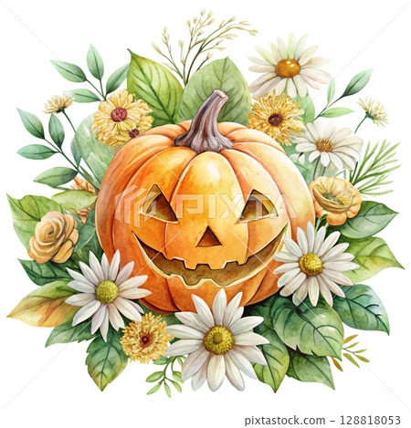 Watercolor illustration of a smiling jack-o-lantern pumpkin surrounded flower 128818053