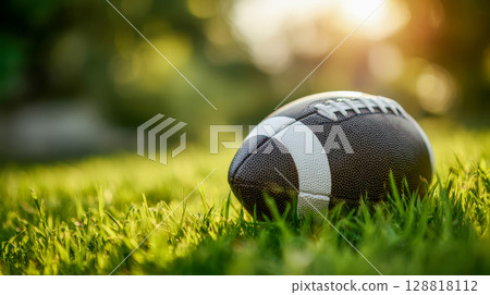 American football ball lying on green grass close-up 128818112