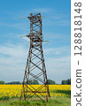 Electricity tower standing in a field of sunflowers against a clear sky 128818148