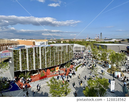 Osaka Kansai Expo 2025: Republic of Serbia Pavilion seen from the large roof ring Osaka Kansai Expo 2025: Republic of Serbia Pavilion seen from the large roof ring 128818562