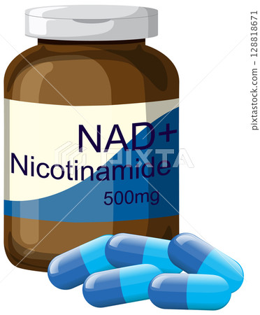 NAD Plus Nicotinamide Supplement Bottle with Blue Capsules 128818671