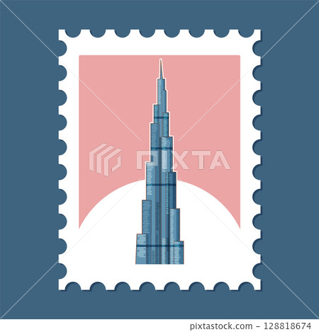 Modern Skyscraper on Postage Stamp Illustration 128818674