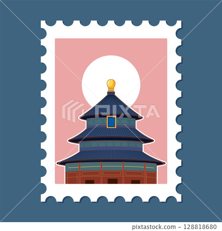 Temple Illustration on Postage Stamp Design Temple Illustration on Postage Stamp Design 128818680