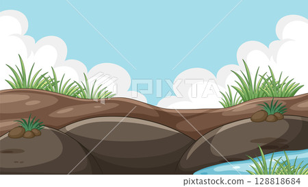 Cartoon Riverbank Landscape with Rocks and Grass Cartoon Riverbank Landscape with Rocks and Grass 128818684