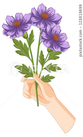 Hand Holding Purple Flowers Vector Illustration 128818699