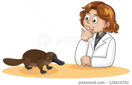 Scientist Observing Platypus in Laboratory Setting 128818702