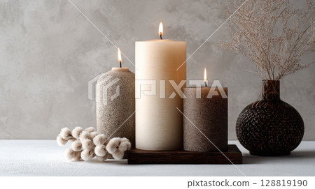 pillar candles in neutral tones burning softly alongside textured vases and dried botanical elements on a light surface 128819190