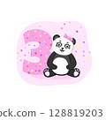 Birthday card with panda girl. Birthday invitation for girl 3 year. Baby shower banner with cute panda for baby banner, baby shower invitation, birthday card, social media, wallpaper, website.  128819203