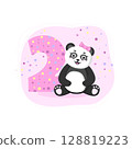 Second Birthday card with panda girl. Birthday invitation for girl 2 year. Baby shower banner with cute panda for baby banner, baby shower invitation, birthday card, social media, wallpaper, website.  128819223