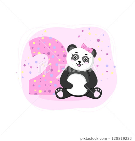 Second Birthday card with panda girl. Birthday invitation for girl 2 year. Baby shower banner with cute panda for baby banner, baby shower invitation, birthday card, social media, wallpaper, website.  128819223