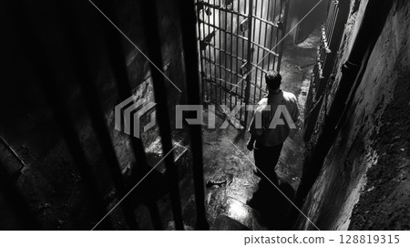 A man stands alone in a dim, grimy prison corridor with an open cell door ahead 128819315