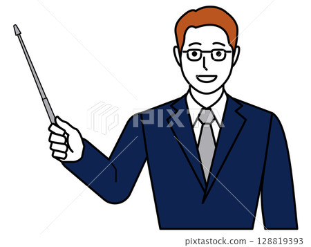A man in a navy blue suit holding a pointer A man in a navy blue suit holding a pointer 128819393