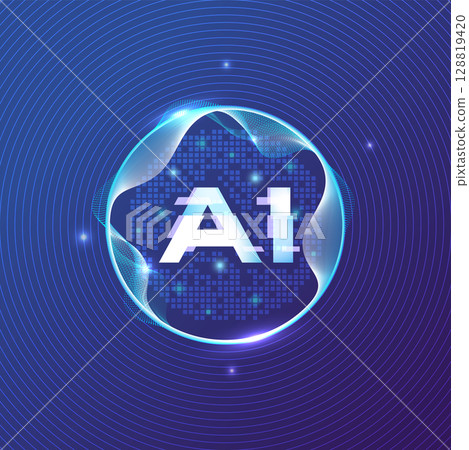 AI Technology Icon in Digital Wave Sphere AI Technology Icon in Digital Wave Sphere 128819420
